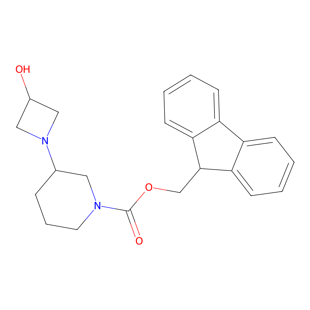 (9H-fluoren-9-yl)methyl 3-(3-hydroxyazetidin-1-yl)piperidine-1-carboxylate molecular structure, CAS 2764014-74-4