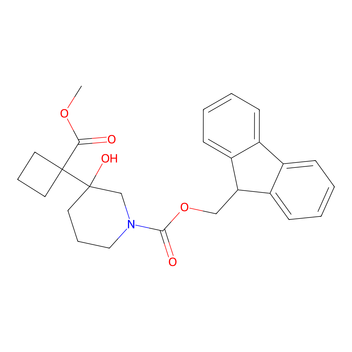(9H-fluoren-9-yl)methyl 3-hydroxy-3-[1-(methoxycarbonyl)cyclobutyl]piperidine-1-carboxylate molecular structure, CAS 2764014-91-5