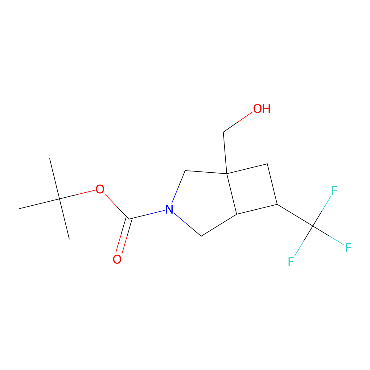 rac-tert-butyl (1R,5R,6S)-1-(hydroxymethyl)-6-(trifluoromethyl)-3-azabicyclo[3.2.0]heptane-3-carboxylate molecular structure, CAS 2764015-52-1