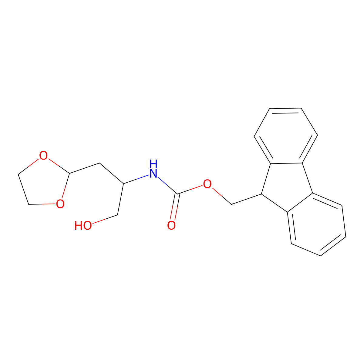 (9H-fluoren-9-yl)methyl N-[1-(1,3-dioxolan-2-yl)-3-hydroxypropan-2-yl]carbamate molecular structure, CAS 2764015-84-9