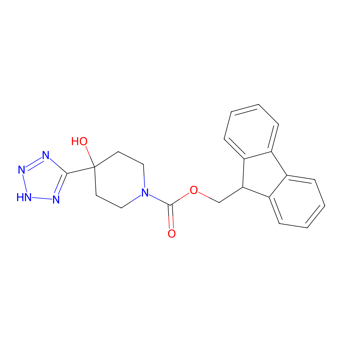 (9H-fluoren-9-yl)methyl 4-hydroxy-4-(1H-1,2,3,4-tetrazol-5-yl)piperidine-1-carboxylate molecular structure, CAS 2764016-10-4