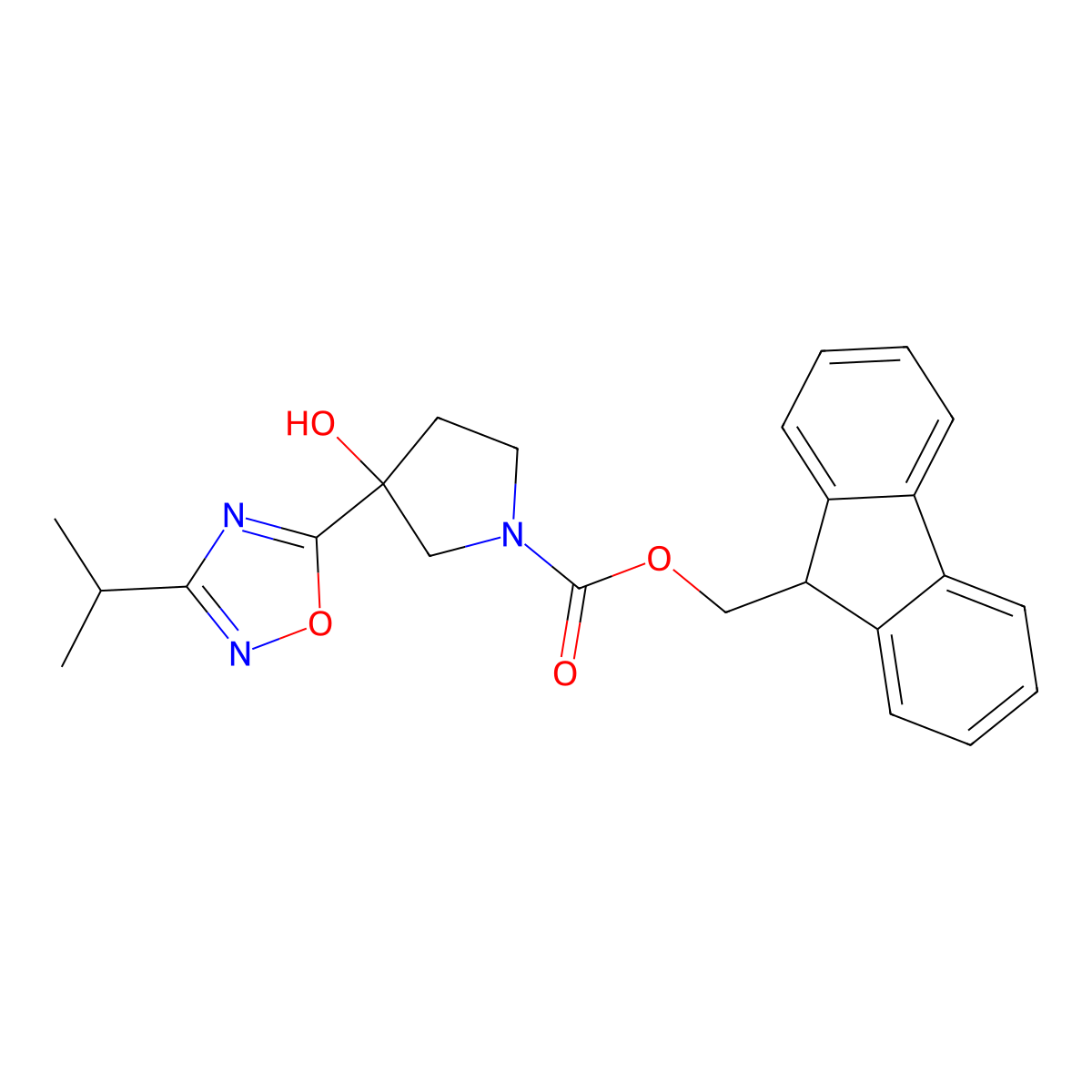 (9H-fluoren-9-yl)methyl 3-hydroxy-3-[3-(propan-2-yl)-1,2,4-oxadiazol-5-yl]pyrrolidine-1-carboxylate molecular structure, CAS 2764016-14-8