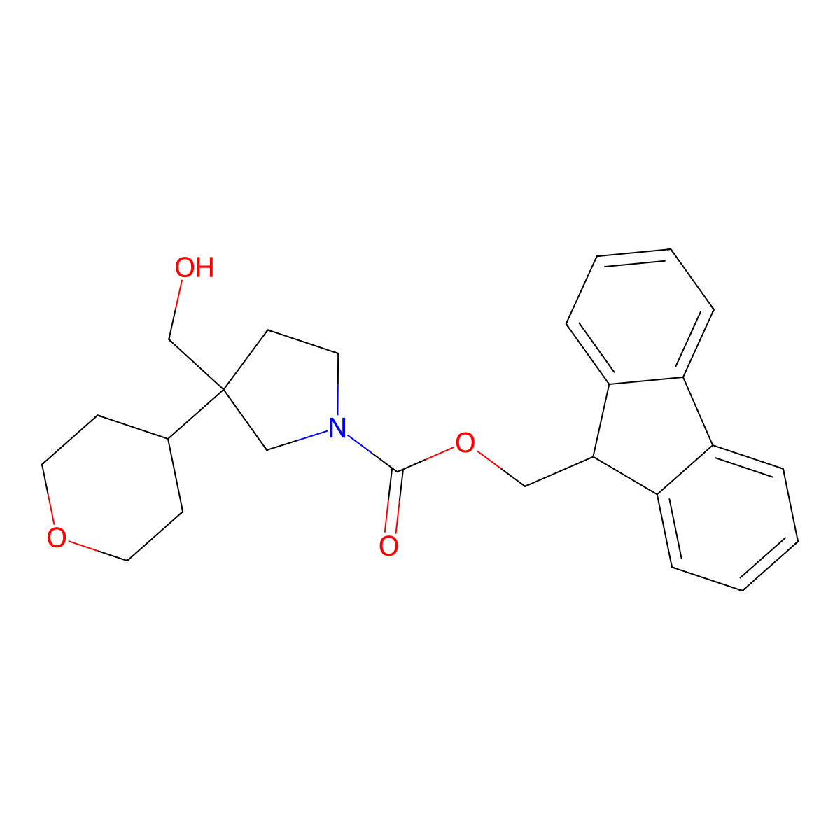 (9H-fluoren-9-yl)methyl 3-(hydroxymethyl)-3-(oxan-4-yl)pyrrolidine-1-carboxylate molecular structure, CAS 2764016-18-2