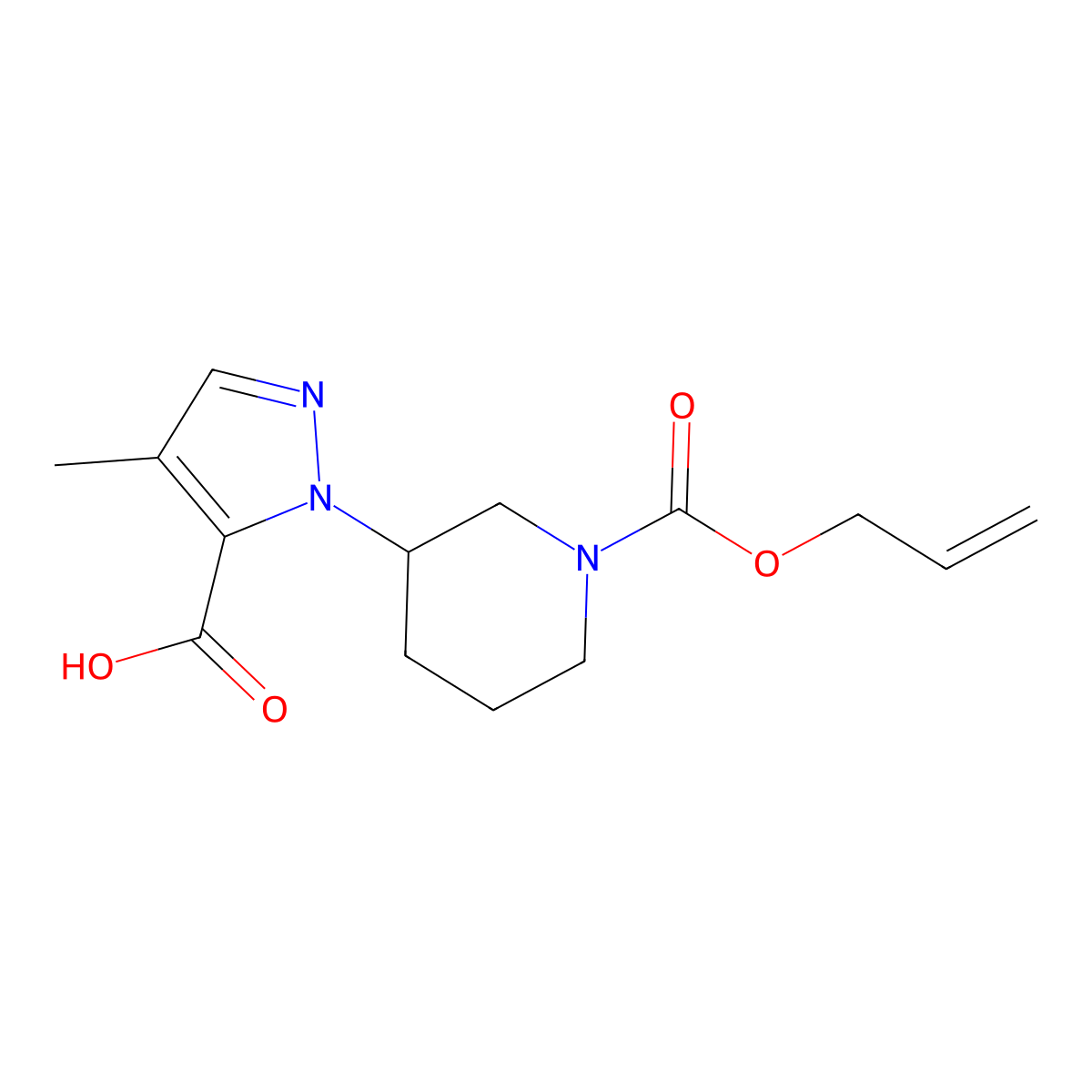 4-methyl-1-{1-[(prop-2-en-1-yloxy)carbonyl]piperidin-3-yl}-1H-pyrazole-5-carboxylic acid molecular structure, CAS 2764016-29-5