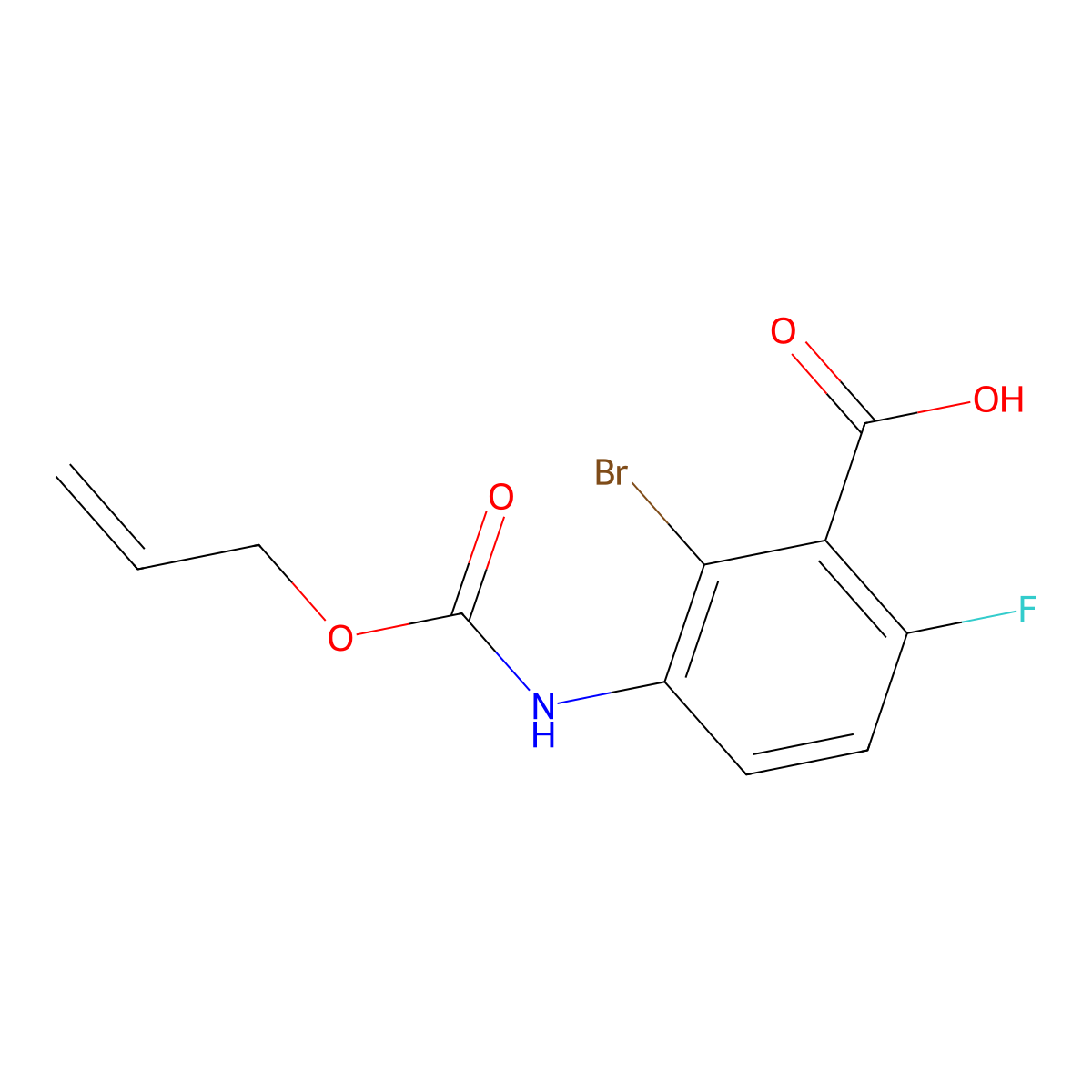 2-Bromo-6-fluoro-3-{[(prop-2-en-1-yloxy)carbonyl]amino}benzoic acid molecular structure, CAS 2764016-94-4