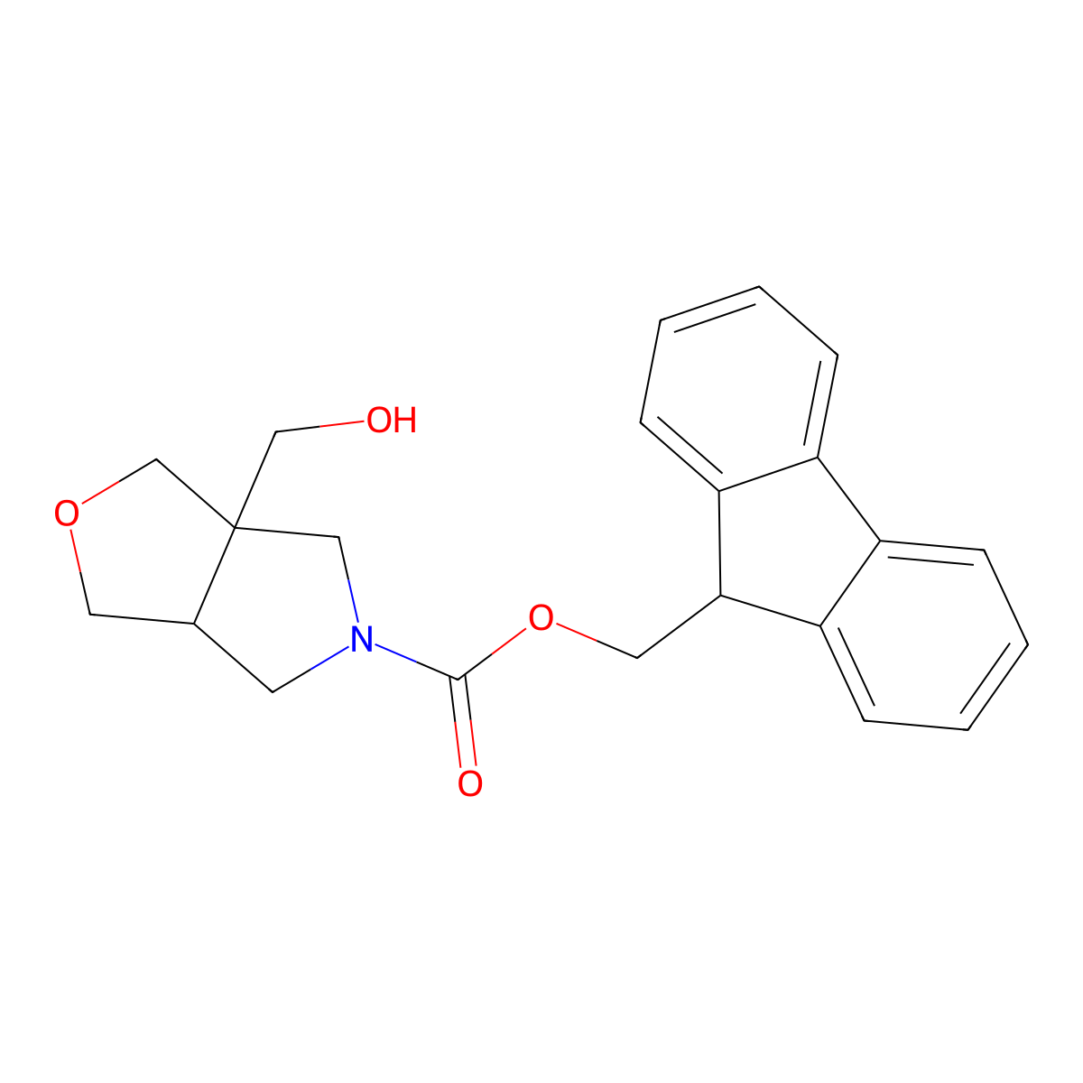 rac-(9H-fluoren-9-yl)methyl (3aR,6aS)-3a-(hydroxymethyl)-hexahydro-1H-furo[3,4-c]pyrrole-5-carboxylate molecular structure, CAS 2764017-38-9