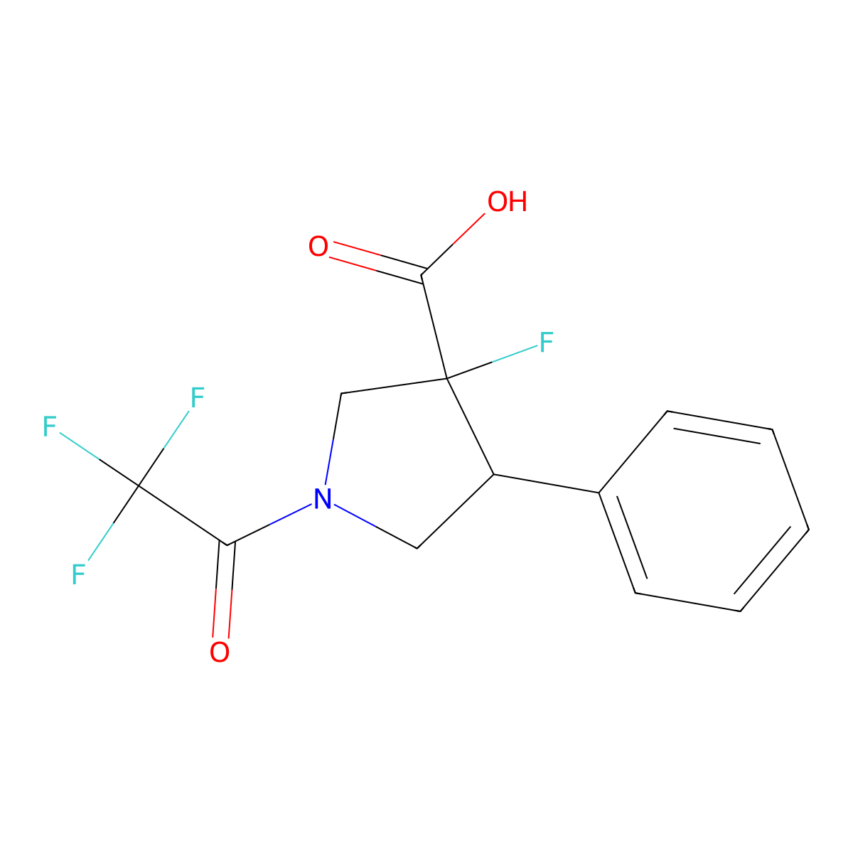 rac-(3R,4S)-3-fluoro-4-phenyl-1-(2,2,2-trifluoroacetyl)pyrrolidine-3-carboxylic acid molecular structure, CAS 2764017-65-2