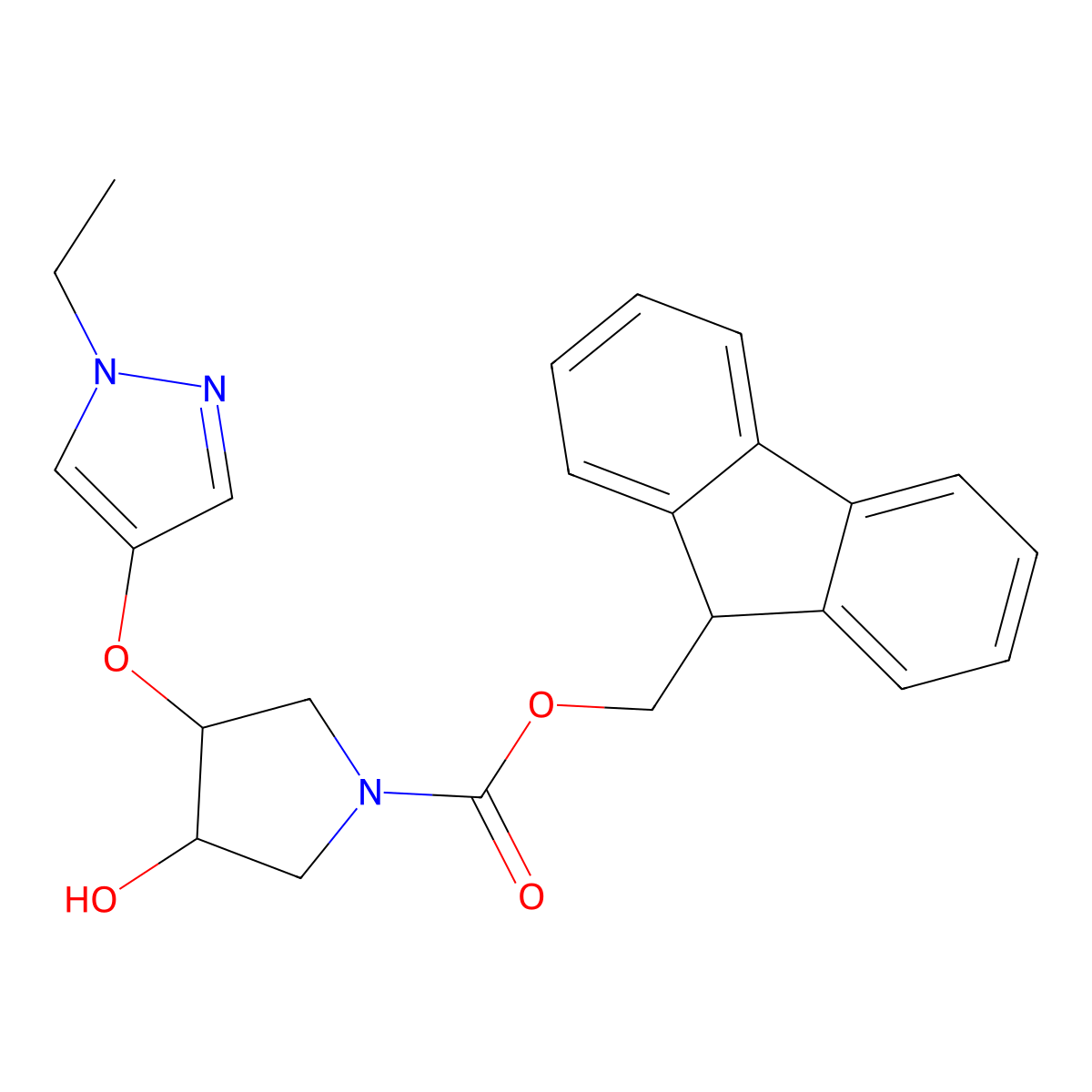 rac-(9H-fluoren-9-yl)methyl (3R,4R)-3-[(1-ethyl-1H-pyrazol-4-yl)oxy]-4-hydroxypyrrolidine-1-carboxylate molecular structure, CAS 2764018-03-1