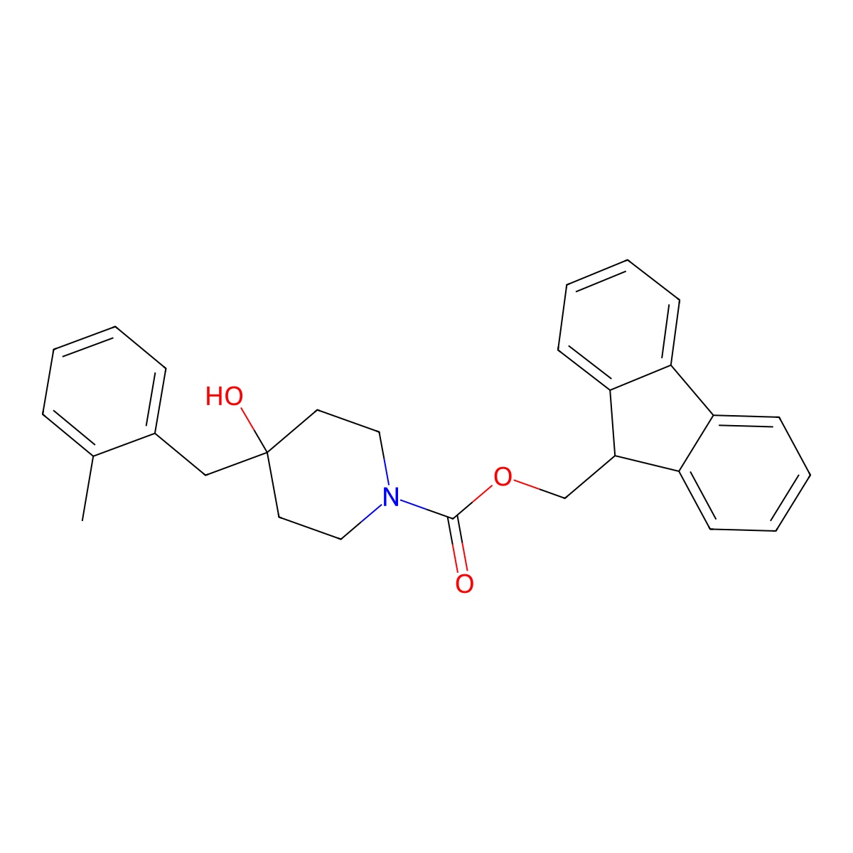 (9H-fluoren-9-yl)methyl 4-hydroxy-4-[(2-methylphenyl)methyl]piperidine-1-carboxylate molecular structure, CAS 2764018-31-5