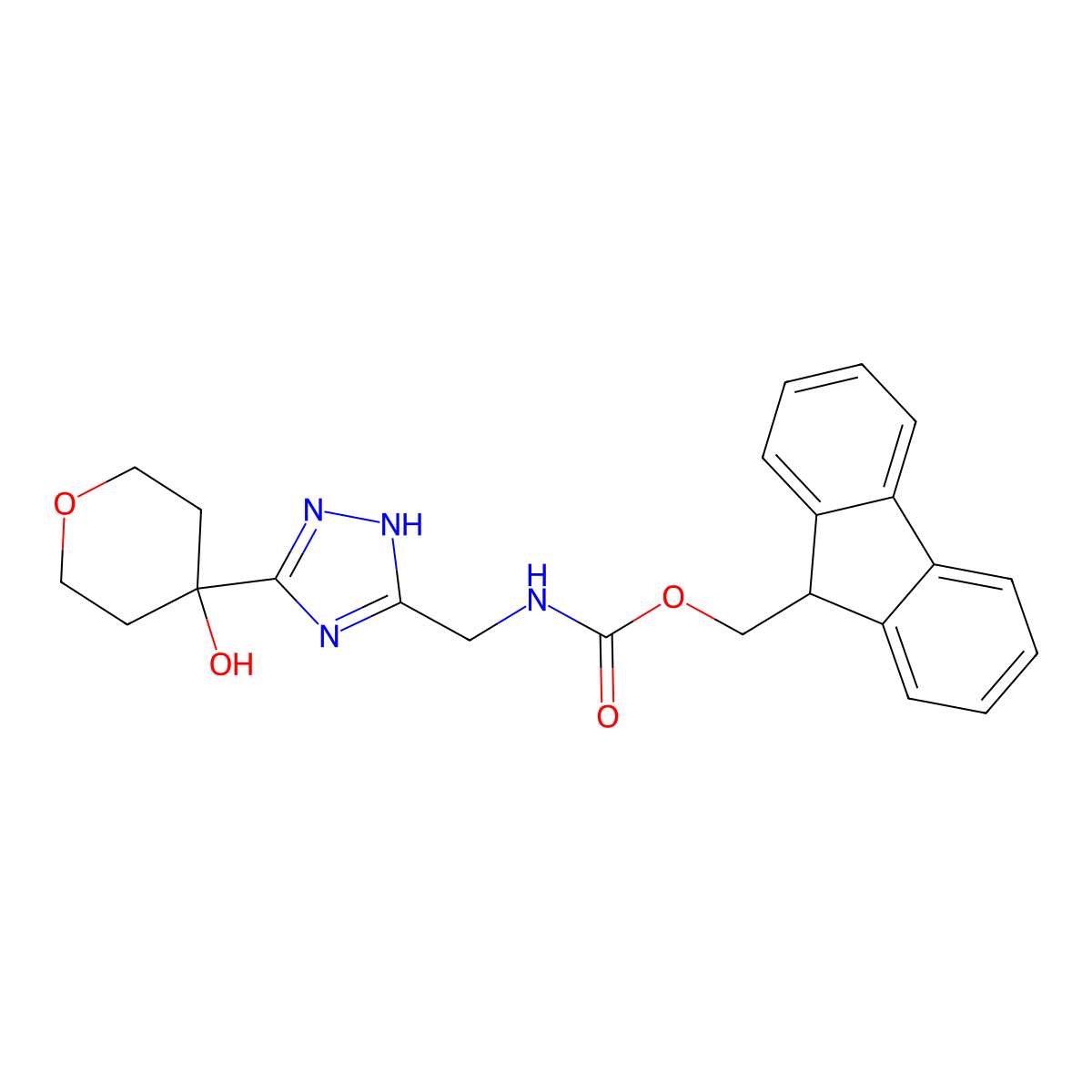 (9H-fluoren-9-yl)methyl N-{[3-(4-hydroxyoxan-4-yl)-1H-1,2,4-triazol-5-yl]methyl}carbamate molecular structure, CAS 2764018-88-2