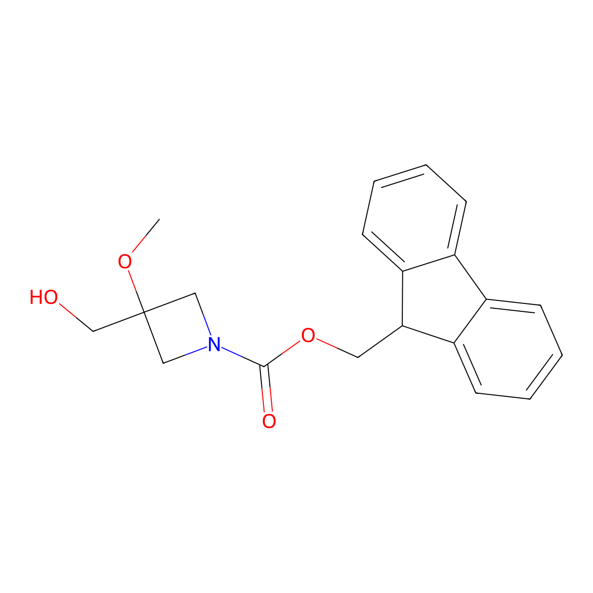 (9H-fluoren-9-yl)methyl 3-(hydroxymethyl)-3-methoxyazetidine-1-carboxylate molecular structure, CAS 2764019-05-6