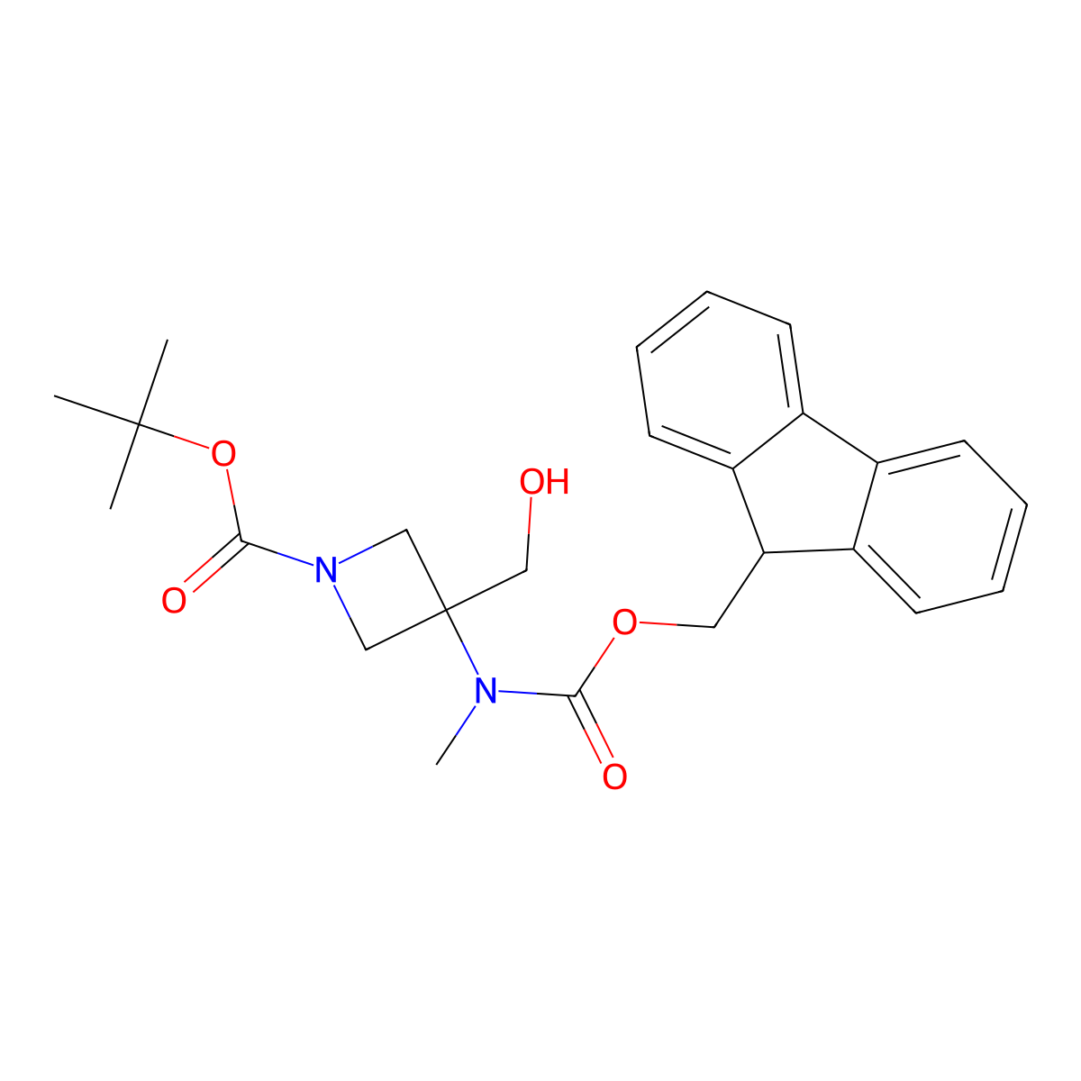 tert-butyl 3-({[(9H-fluoren-9-yl)methoxy]carbonyl}(methyl)amino)-3-(hydroxymethyl)azetidine-1-carboxylate molecular structure, CAS 2764019-38-5