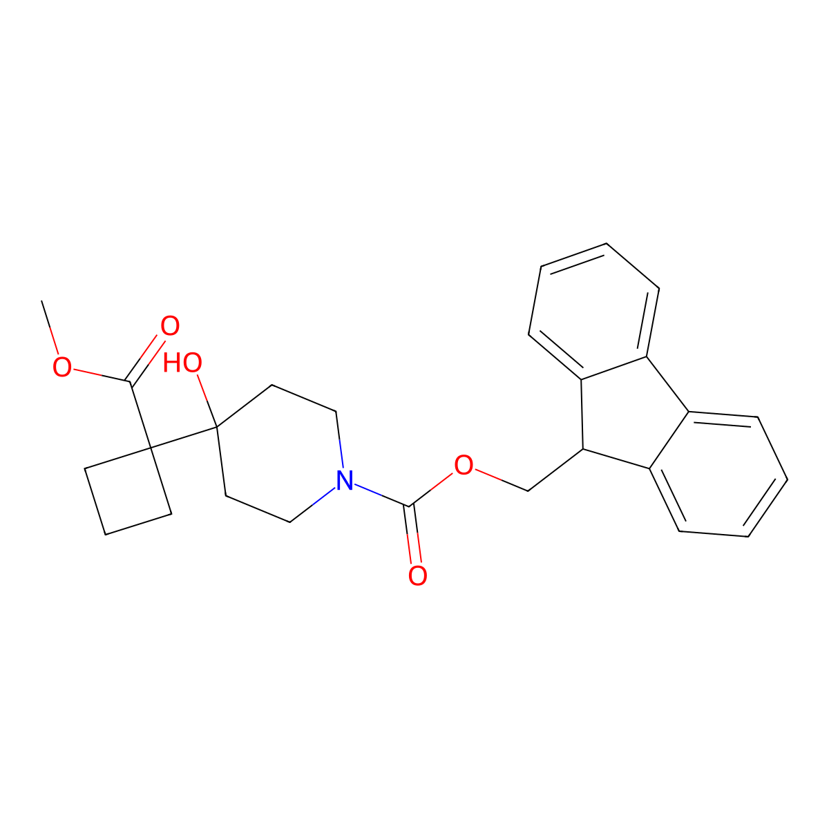 (9H-fluoren-9-yl)methyl 4-hydroxy-4-[1-(methoxycarbonyl)cyclobutyl]piperidine-1-carboxylate molecular structure, CAS 2764019-86-3