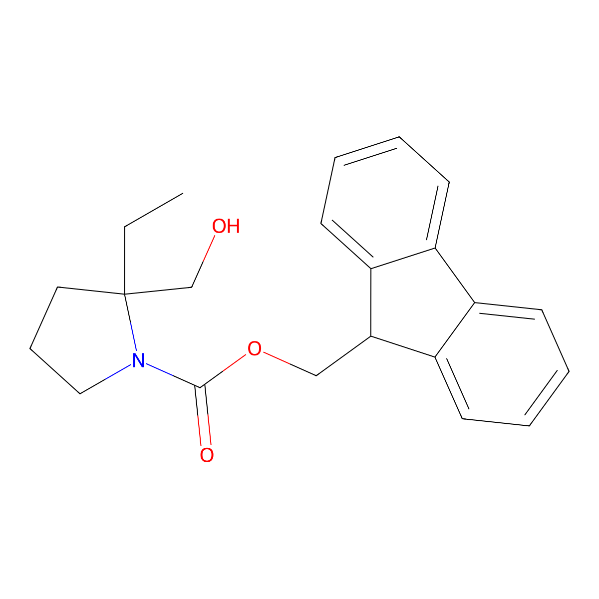(9H-fluoren-9-yl)methyl 2-ethyl-2-(hydroxymethyl)pyrrolidine-1-carboxylate molecular structure, CAS 2764020-23-5