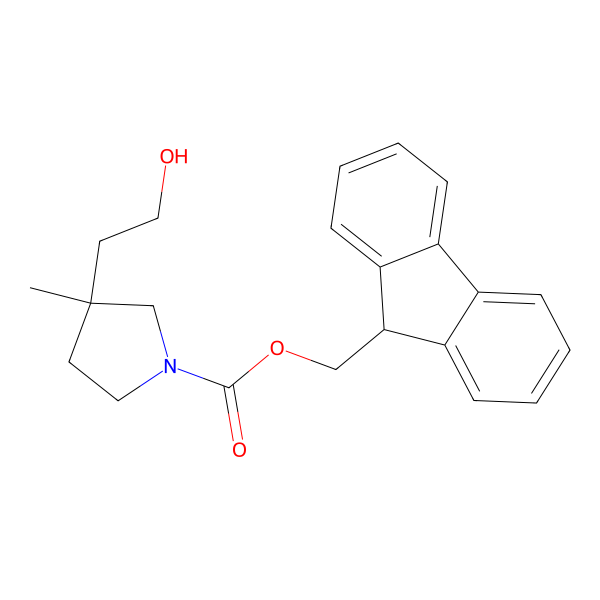 (9H-fluoren-9-yl)methyl 3-(2-hydroxyethyl)-3-methylpyrrolidine-1-carboxylate molecular structure, CAS 2764020-45-1
