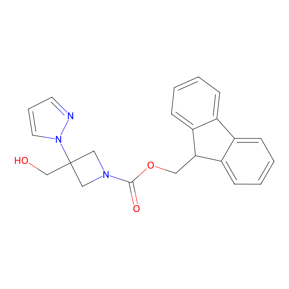 (9H-fluoren-9-yl)methyl 3-(hydroxymethyl)-3-(1H-pyrazol-1-yl)azetidine-1-carboxylate molecular structure, CAS 2764020-77-9
