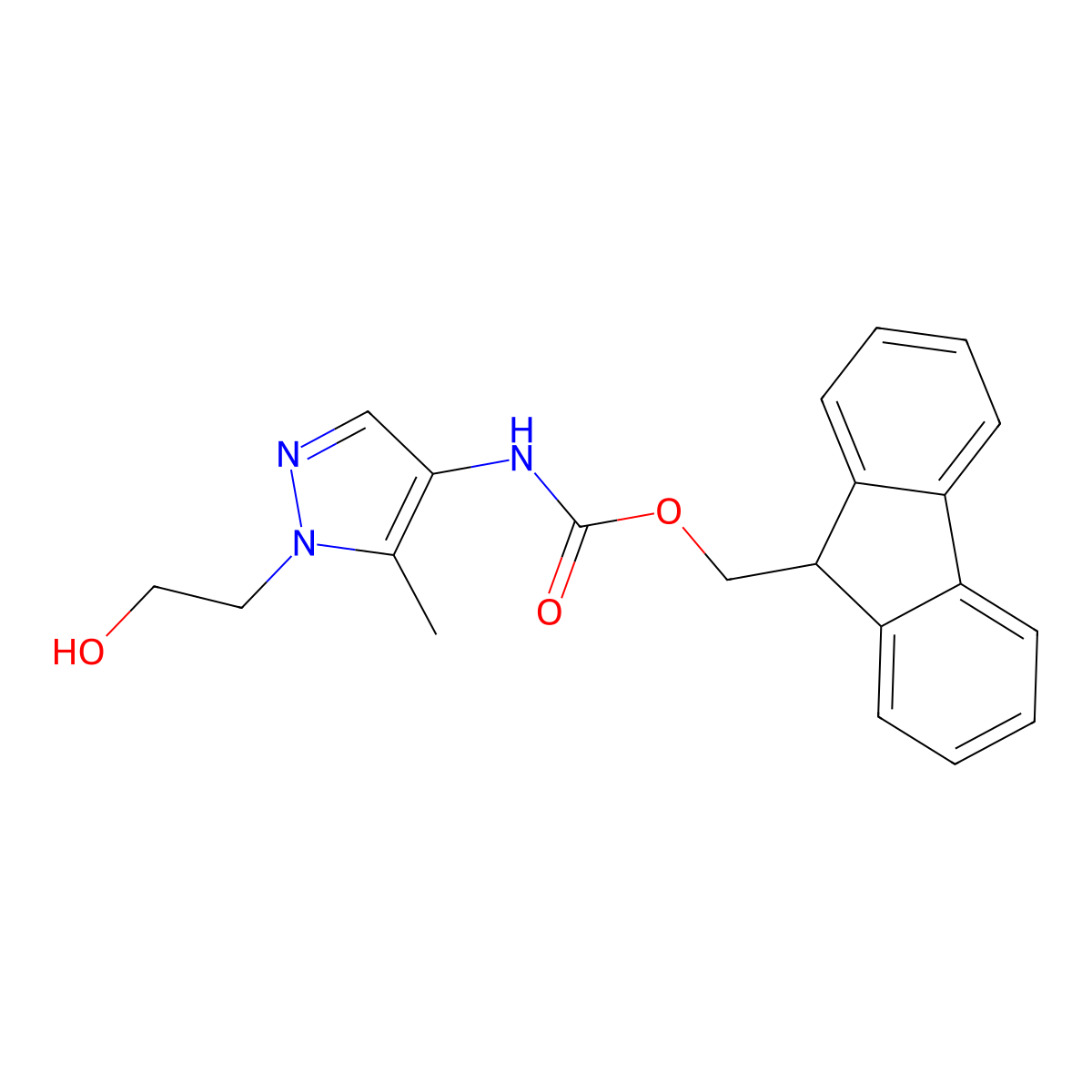 (9H-fluoren-9-yl)methyl N-[1-(2-hydroxyethyl)-5-methyl-1H-pyrazol-4-yl]carbamate molecular structure, CAS 2764020-95-1