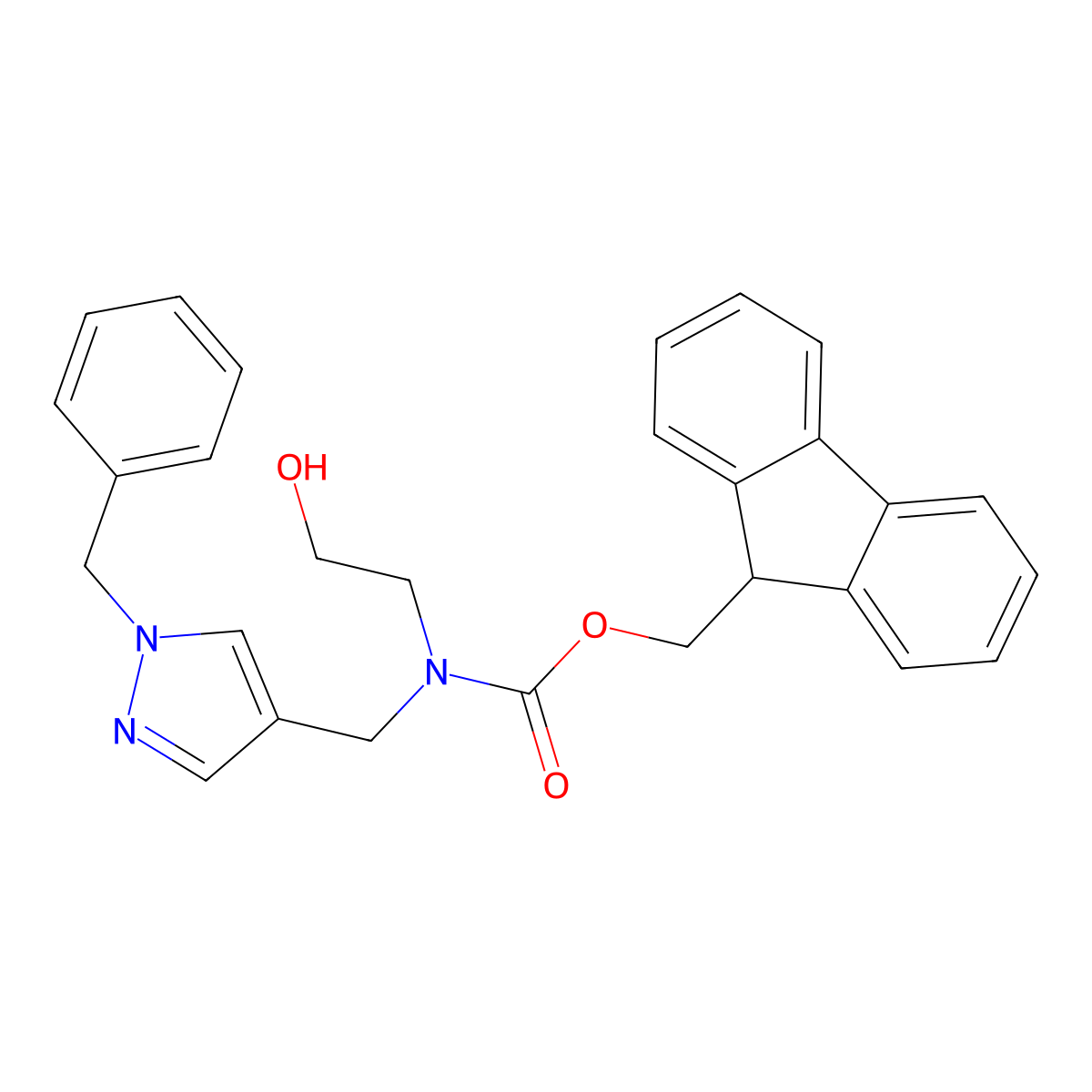 (9H-fluoren-9-yl)methyl N-[(1-benzyl-1H-pyrazol-4-yl)methyl]-N-(2-hydroxyethyl)carbamate molecular structure, CAS 2764021-06-7