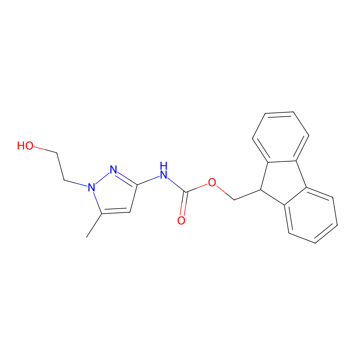 (9H-fluoren-9-yl)methyl N-[1-(2-hydroxyethyl)-5-methyl-1H-pyrazol-3-yl]carbamate molecular structure, CAS 2764021-11-4