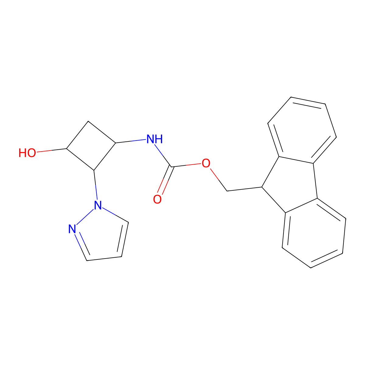 rac-(9H-fluoren-9-yl)methyl N-[(1R,2S,3S)-3-hydroxy-2-(1H-pyrazol-1-yl)cyclobutyl]carbamate molecular structure, CAS 2764021-70-5