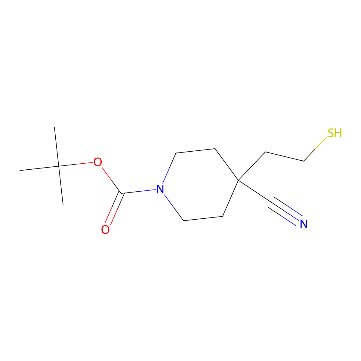 Tert-butyl 4-cyano-4-(2-sulfanylethyl)piperidine-1-carboxylate molecular structure, CAS 2764022-12-8