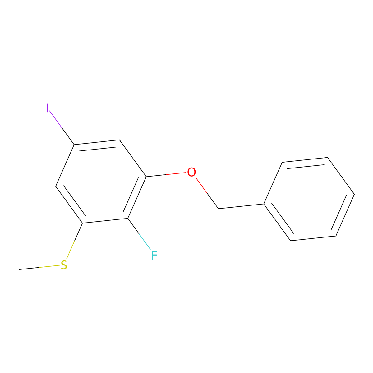 (3-(Benzyloxy)-2-fluoro-5-iodophenyl)(methyl)sulfane molecular structure, CAS 2764729-89-5