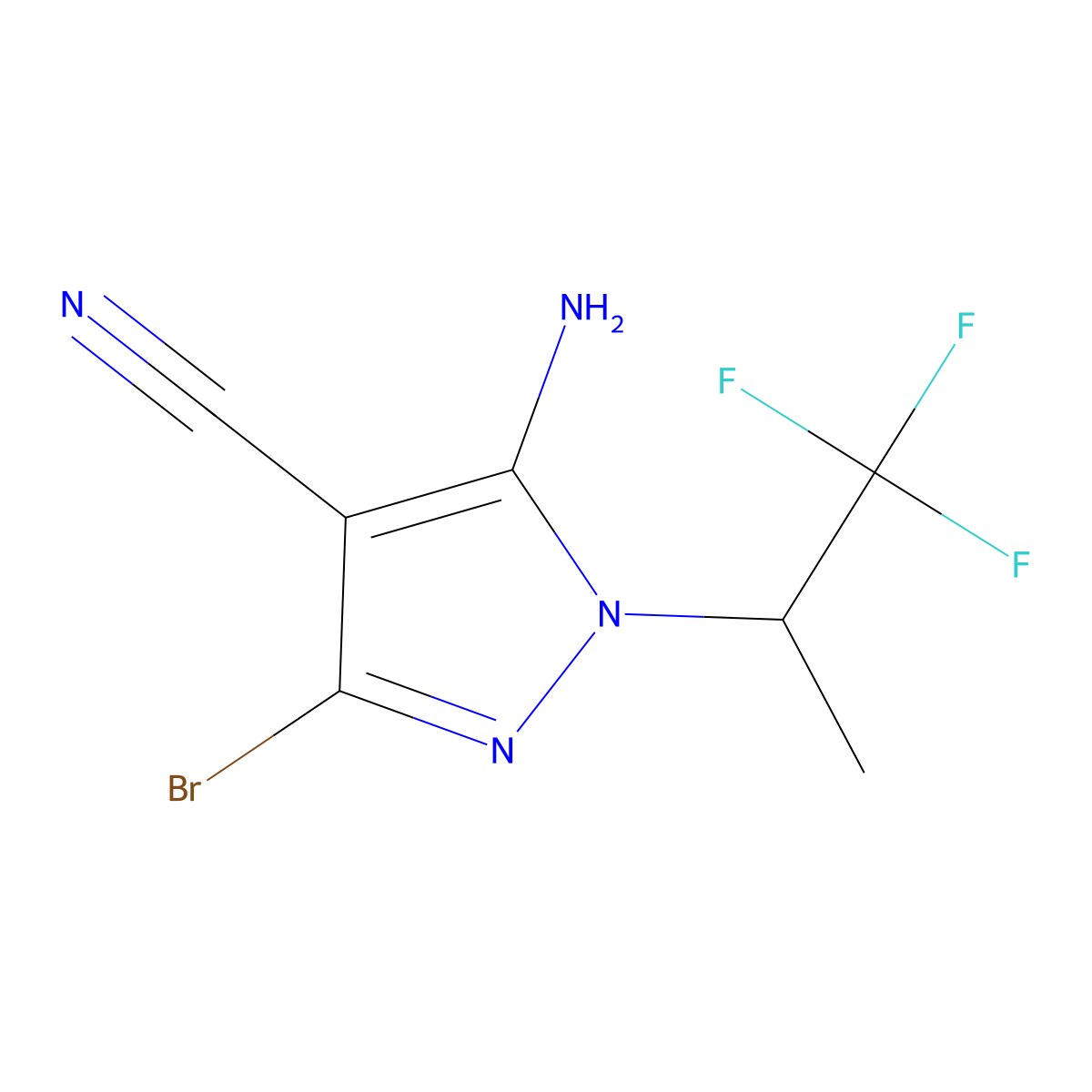 5-Amino-3-bromo-1-(1,1,1-trifluoropropan-2-yl)pyrazole-4-carbonitrile molecular structure, CAS 2764851-43-4