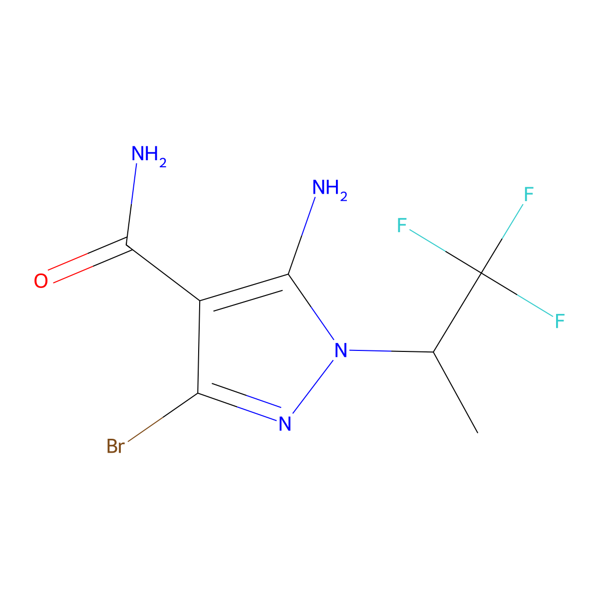 5-amino-3-bromo-1-(1,1,1-trifluoropropan-2-yl)-1H-pyrazole-4-carboxamide molecular structure, CAS 2764851-44-5