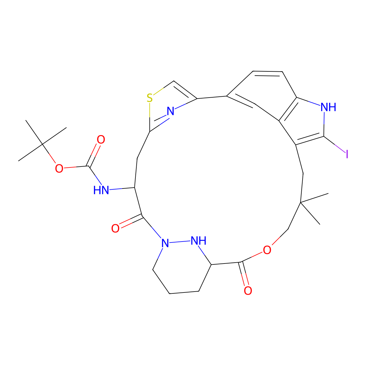 Carbamic acid, N-[(14S,18S)-18,19,20,21-tetrahydro-2-iodo-25,25-dimethyl-15,22-dioxo-17H-5,3-([4,2]-endo-thiazolopropano[1,3]-endo-pyridazinomethanoxypropano)-1H-indol-14-yl]-, 1,1-dimethylethyl ester molecular structure, CAS 2764998-32-3