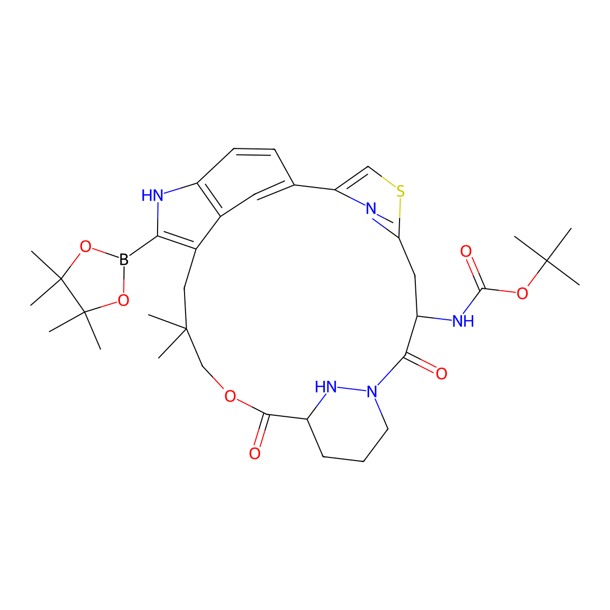 tert-Butyl ((63S,4S)-10,10-dimethyl-5,7-dioxo-12-(4,4,5,5-tetramethyl-1,3,2-dioxaborolan-2-yl)-61,62,63,64,65,66-hexahydro-11H-8-oxa-2(4,2)-thiazola-1(5,3)-indola-6(1,3)-pyridazinacycloundecaphane-4-yl)carbamate molecular structure, CAS 2764998-33-4