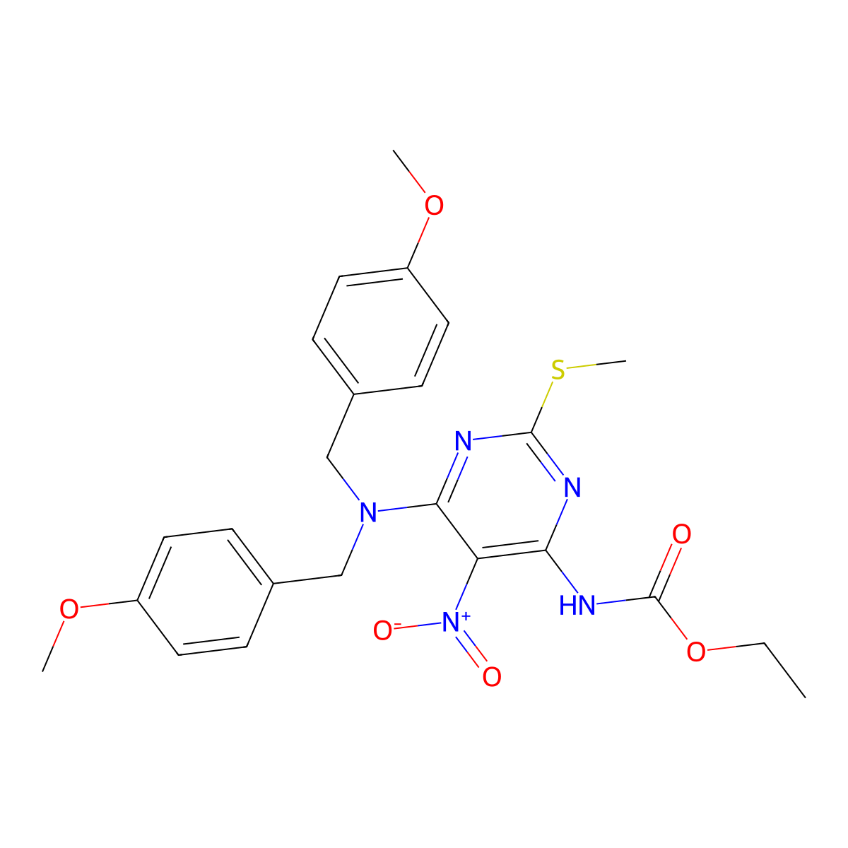 ethyl N-(6-(bis[(4-methoxyphenyl)methyl]amino)-2-(methylsulfanyl)-5-nitropyrimidin-4-yl)carbamate molecular structure, CAS 2765076-65-9