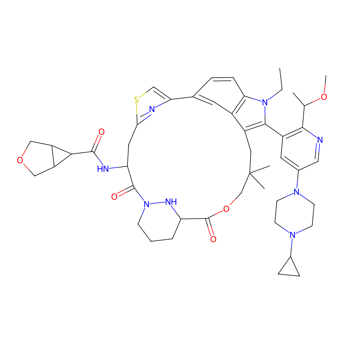 (1alpha,5alpha,6alpha)-N-[(2R,14S,18S)-2-[5-(4-Cyclopropyl-1-piperazinyl)-2-[(1S)-1-methoxyethyl]-3-pyridinyl]-1-ethyl-18,19,20,21-tetrahydro-25,25-dimethyl-15,22-dioxo-17H-5,3-([4,2]-endo-thiazolopropano[1,3]-endo-pyridazinomethanoxypropano)-1H-indol-14-yl]-3-oxabicyclo[3.1.0]hexane-6-carboxamide molecular structure, CAS 2765082-12-8