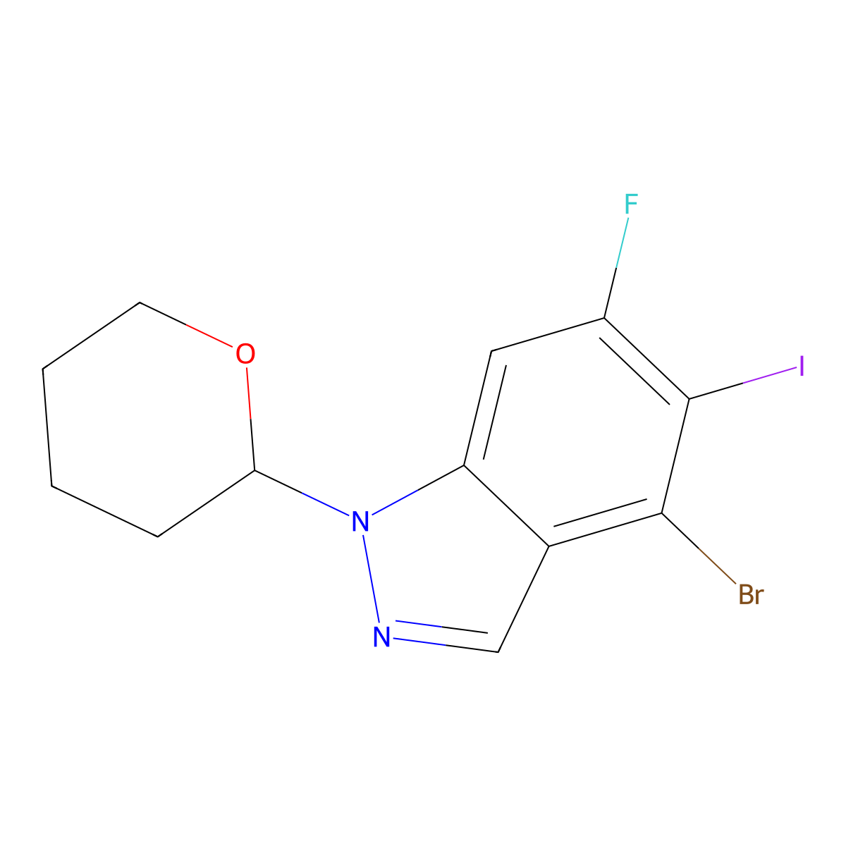 4-Bromo-6-fluoro-5-iodo-1-tetrahydropyran-2-YL-indazole molecular structure, CAS 2765413-94-1