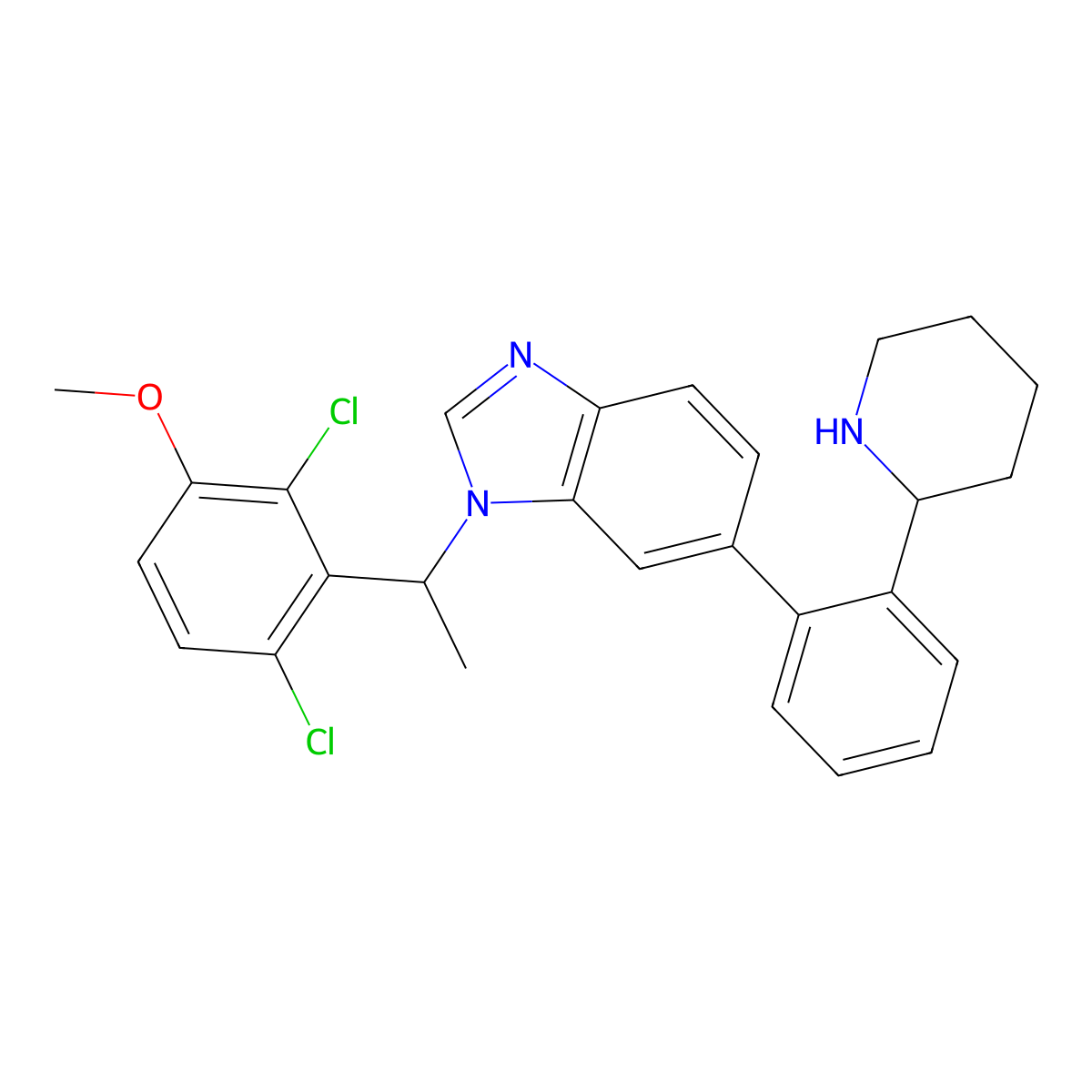 1-[(1R)-1-(2,6-dichloro-3-methoxyphenyl)ethyl]-6-{2-[(2R)-piperidin-2-yl]phenyl}-1H-benzimidazole molecular structure, CAS 2765539-59-9