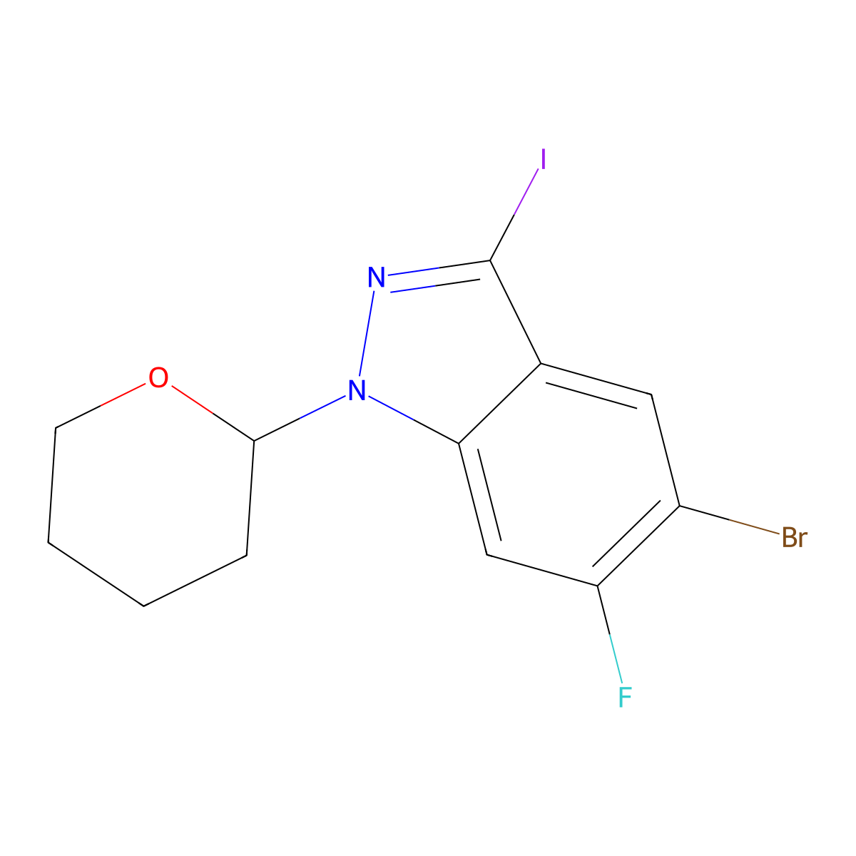 5-Bromo-6-fluoro-3-iodo-1-(tetrahydro-2H-pyran-2-yl)-1H-indazole molecular structure, CAS 2765655-01-2