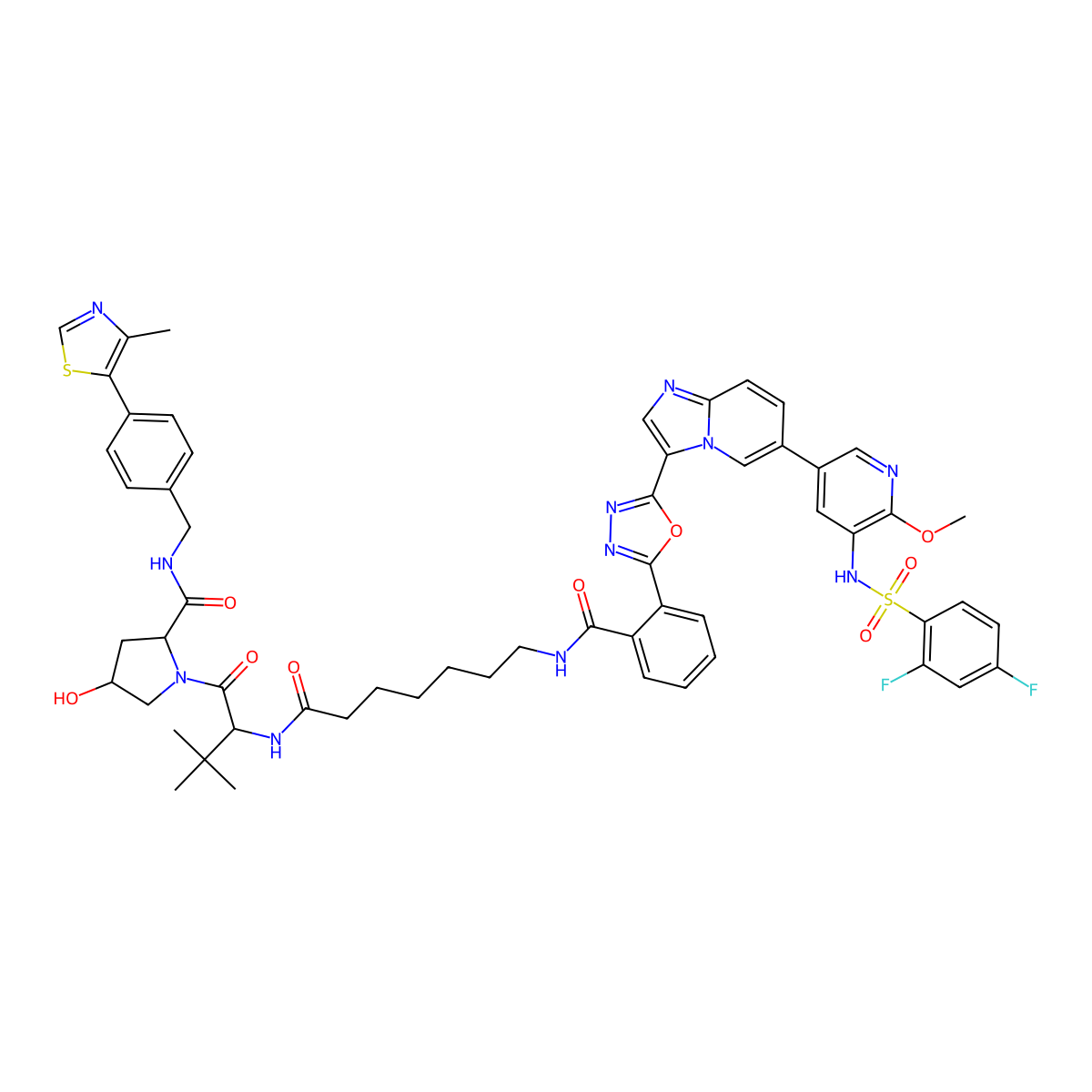 (2R,4S)-1-[(2S)-2-[7-[[2-[5-[6-[5-[(2,4-difluorophenyl)sulfonylamino]-6-methoxy-3-pyridinyl]imidazo[1,2-a]pyridin-3-yl]-1,3,4-oxadiazol-2-yl]benzoyl]amino]heptanoylamino]-3,3-dimethylbutanoyl]-4-hydroxy-N-[[4-(4-methyl-1,3-thiazol-5-yl)phenyl]methyl]pyrrolidine-2-carboxamide molecular structure, CAS 2766352-64-9