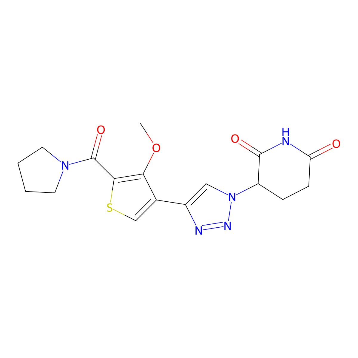 3-{4-[4-methoxy-5-(pyrrolidine-1-carbonyl)thiophen-3-yl]-1H-1,2,3-triazol-1-yl}piperidine-2,6-dione molecular structure, CAS 2766385-56-0