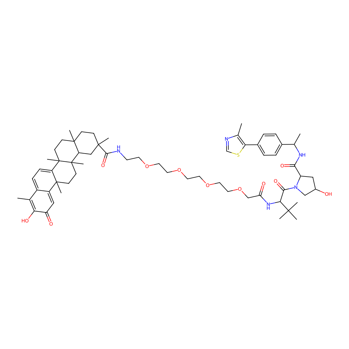 (2S,4R)-1-[(2S)-2-[[2-[2-[2-[2-[2-[[(2R,4aS,6aR,6aS,14aS,14bR)-10-hydroxy-2,4a,6a,6a,9,14a-hexamethyl-11-oxo-1,3,4,5,6,13,14,14b-octahydropicene-2-carbonyl]amino]ethoxy]ethoxy]ethoxy]ethoxy]acetyl]amino]-3,3-dimethylbutanoyl]-4-hydroxy-N-[(1S)-1-[4-(4-methyl-1,3-thiazol-5-yl)phenyl]ethyl]pyrrolidine-2-carboxamide molecular structure, CAS 2766608-52-8