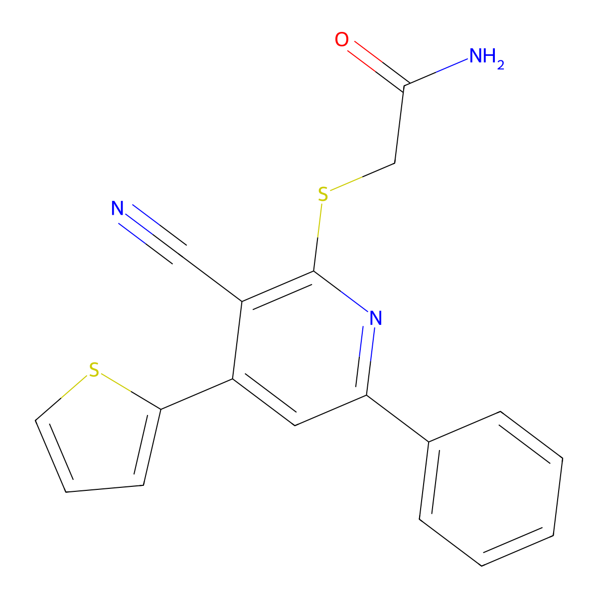 2-{[3-Cyano-6-phenyl-4-(thiophen-2-yl)pyridin-2-yl]sulfanyl}acetamide molecular structure, CAS 276671-19-3