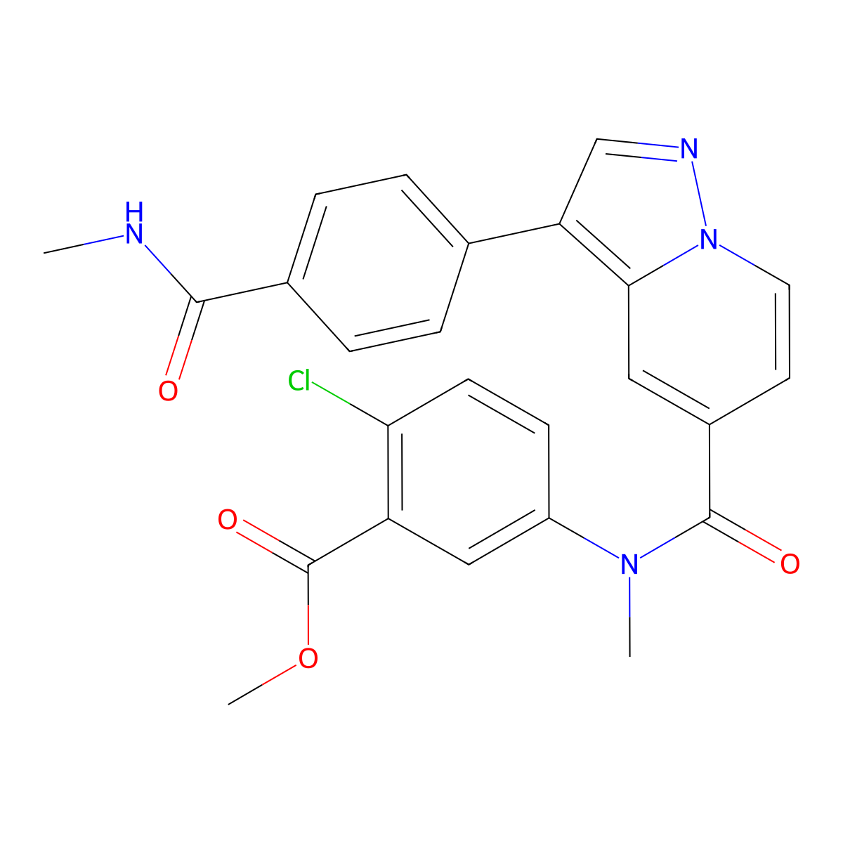 methyl 2-chloro-5-(N-methyl-3-(4-(methylcarbamoyl)phenyl)pyrazolo[1,5-a]pyridine-5-carboxamido)benzoate molecular structure, CAS 2767264-57-1