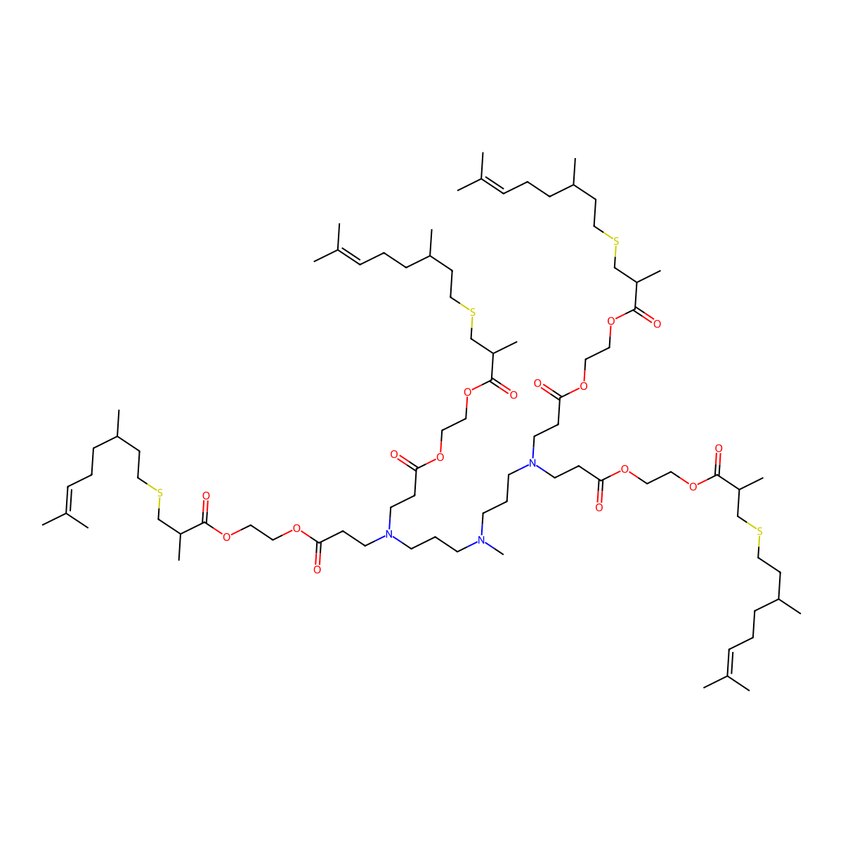 2-[3-[3-[3-[Bis[3-[2-[3-(3,7-dimethyloct-6-enylsulfanyl)-2-methylpropanoyl]oxyethoxy]-3-oxopropyl]amino]propyl-methylamino]propyl-[3-[2-[3-(3,7-dimethyloct-6-enylsulfanyl)-2-methylpropanoyl]oxyethoxy]-3-oxopropyl]amino]propanoyloxy]ethyl 3-(3,7-dimethyloct-6-enylsulfanyl)-2-methylpropanoate molecular structure, CAS 2768211-13-6