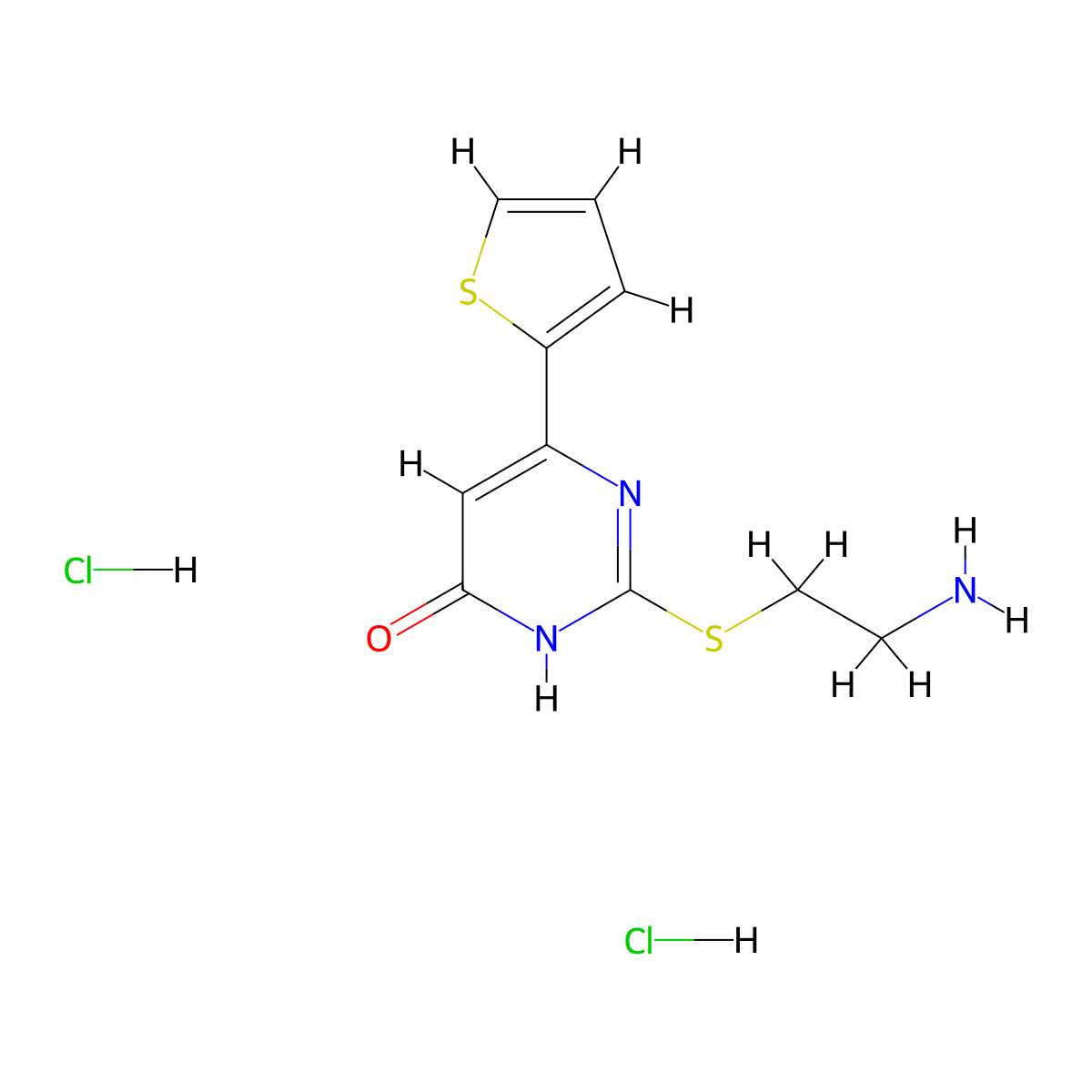 2-[(2-Aminoethyl)sulfanyl]-6-(thiophen-2-yl)-3,4-dihydropyrimidin-4-one dihydrochloride molecular structure, CAS 2768327-30-4