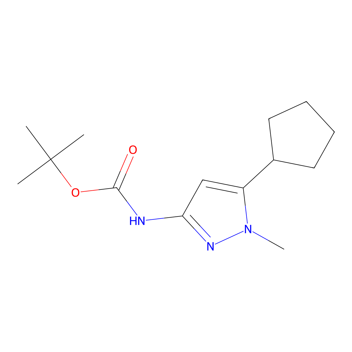 tert-butyl N-(5-cyclopentyl-1-methyl-1H-pyrazol-3-yl)carbamate molecular structure, CAS 2768327-50-8