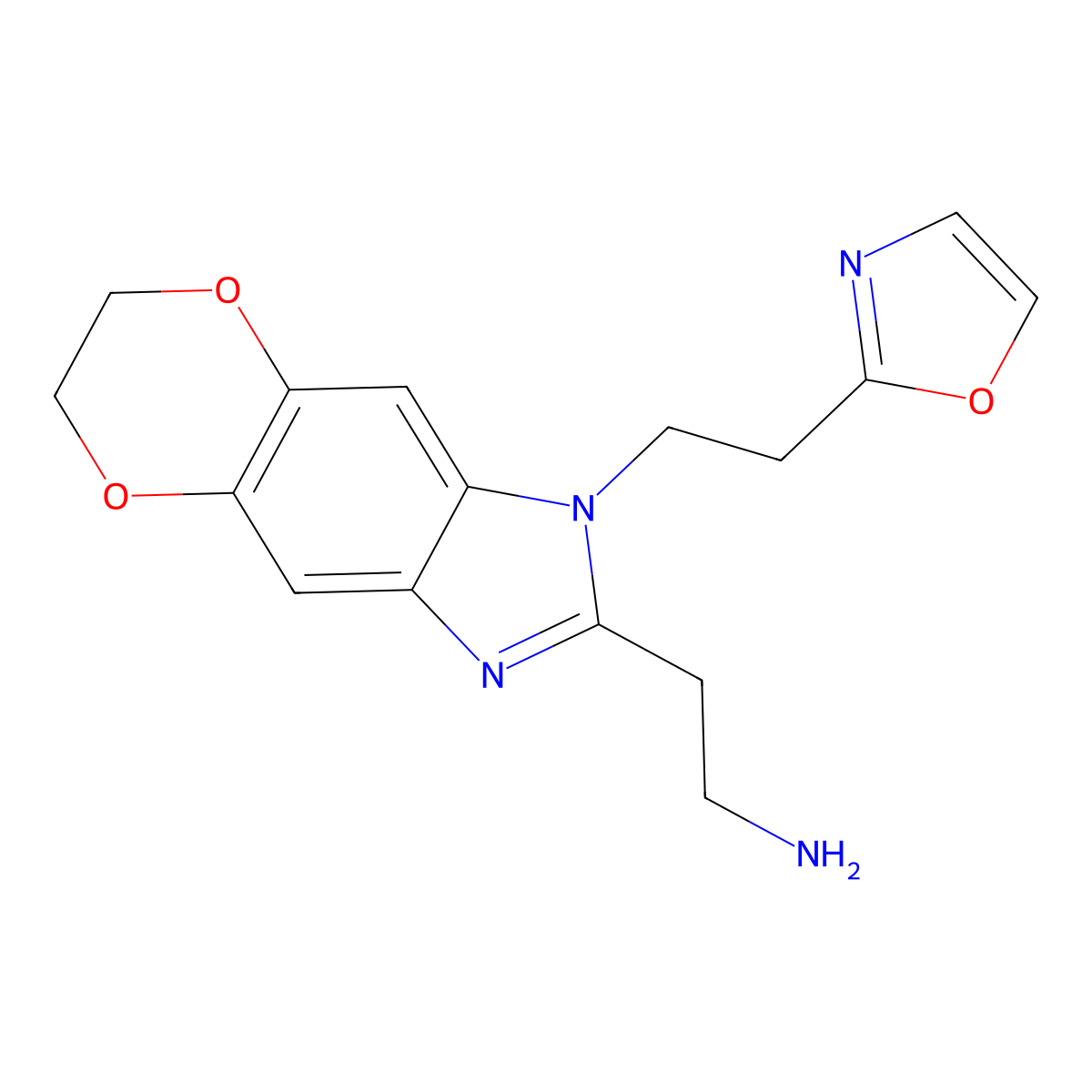 2-{6-[2-(1,3-Oxazol-2-yl)ethyl]-10,13-dioxa-4,6-diazatricyclo[7.4.0.0,3,7]trideca-1,3(7),4,8-tetraen-5-yl}ethan-1-amine molecular structure, CAS 2768327-52-0