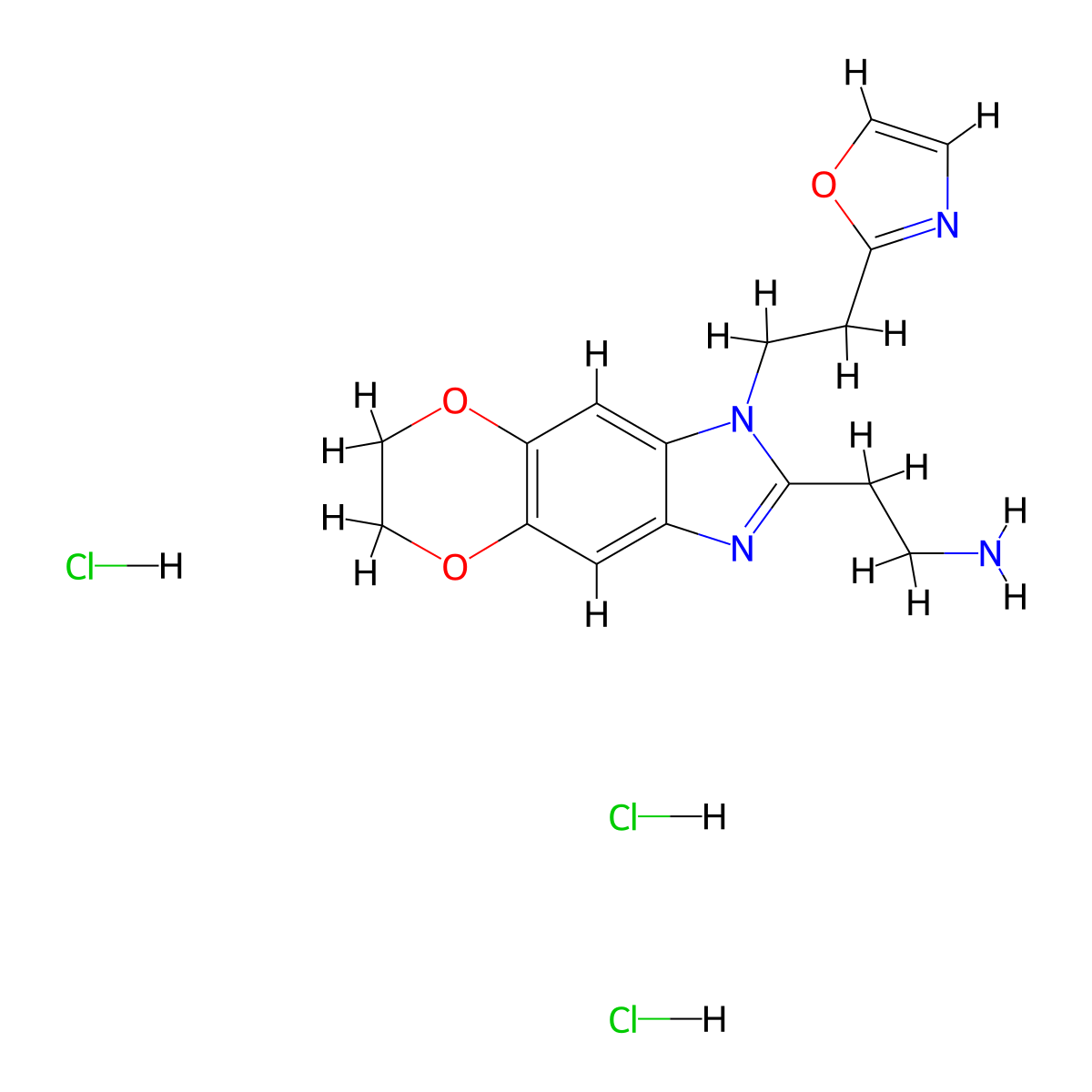 2-(6-(2-(1,3-Oxazol-2-yl)ethyl)-10,13-dioxa-4,6-diazatricyclo(7.4.0.0,3,7)trideca-1(9),2,4,7-tetraen-5-yl)ethan-1-amine trihydrochloride molecular structure, CAS 2768327-53-1