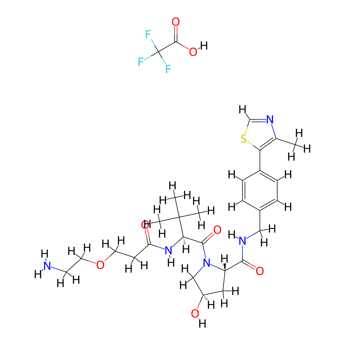 (2S,4R)-1-((S)-2-(3-(2-Aminoethoxy)propanamido)-3,3-dimethylbutanoyl)-4-hydroxy-N-(4-(4-methylthiazol-5-YL)benzyl)pyrrolidine-2-carboxamide 2,2,2-trifluoroacetate molecular structure, CAS 2768514-13-0
