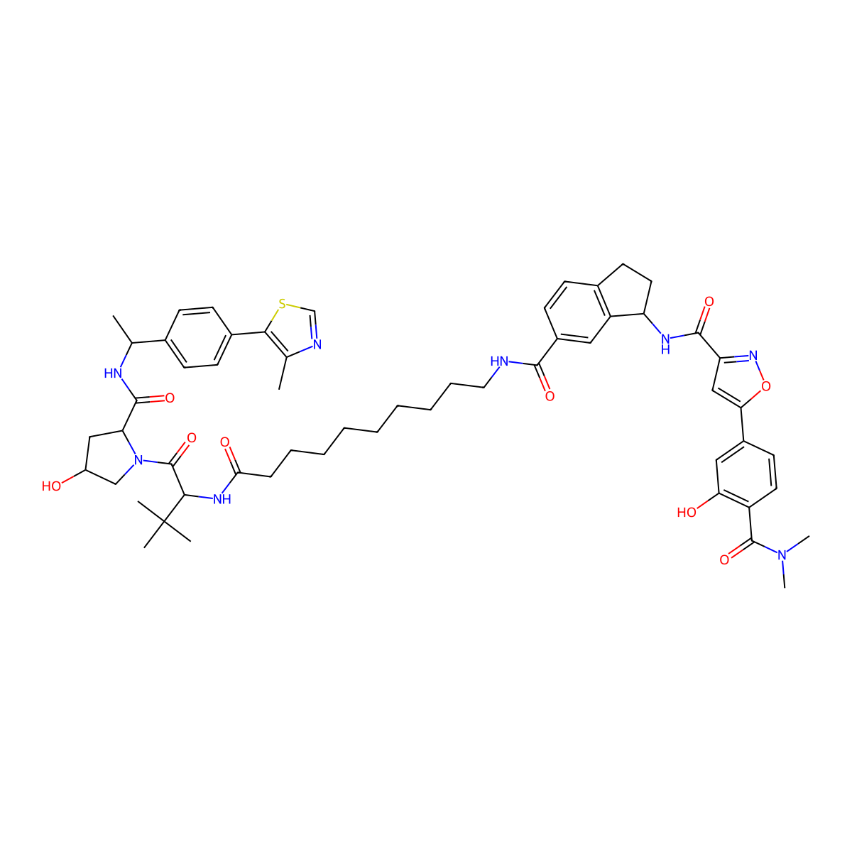 5-(4-(Dimethylcarbamoyl)-3-hydroxyphenyl)-N-((R)-6-((10-(((S)-1-((2S,4R)-4-hydroxy-2-(((S)-1-(4-(4-methylthiazol-5-yl)phenyl)ethyl)carbamoyl)pyrrolidin-1-yl)-3,3-dimethyl-1-oxobutan-2-yl)amino)-10-oxodecyl)carbamoyl)-2,3-dihydro-1H-inden-1-yl)isoxazole-3-carboxamide molecular structure, CAS 2768610-97-3