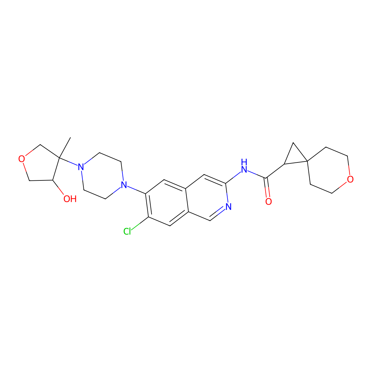 (1S)-N-(7-chloro-6-{4-[(3R,4R)-4-hydroxy-3-methyloxolan-3-yl]piperazin-1-yl}isoquinolin-3-yl)-6-oxaspiro[2.5]octane-1-carboxamide molecular structure, CAS 2769107-89-1