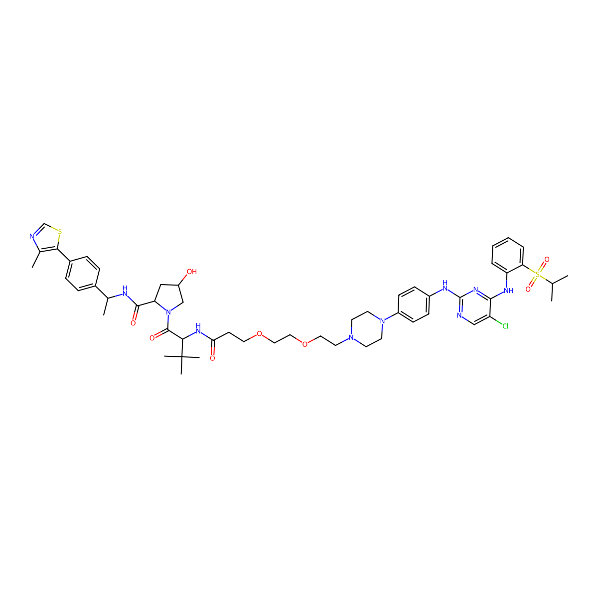 (2S,4R)-1-[(2S)-2-(3-{2-[2-(4-{4-[(5-chloro-4-{[2-(propane-2-sulfonyl)phenyl]amino}pyrimidin-2-yl)amino]phenyl}piperazin-1-yl)ethoxy]ethoxy}propanamido)-3,3-dimethylbutanoyl]-4-hydroxy-N-[(1S)-1-[4-(4-methyl-1,3-thiazol-5-yl)phenyl]ethyl]pyrrolidine-2-carboxamide molecular structure, CAS 2769753-07-1