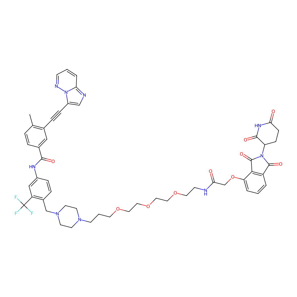 N-[4-[[4-[3-[2-[2-[2-[[2-[2-(2,6-dioxopiperidin-3-yl)-1,3-dioxoisoindol-4-yl]oxyacetyl]amino]ethoxy]ethoxy]ethoxy]propyl]piperazin-1-yl]methyl]-3-(trifluoromethyl)phenyl]-3-(2-imidazo[1,2-b]pyridazin-3-ylethynyl)-4-methylbenzamide molecular structure, CAS 2769753-18-4